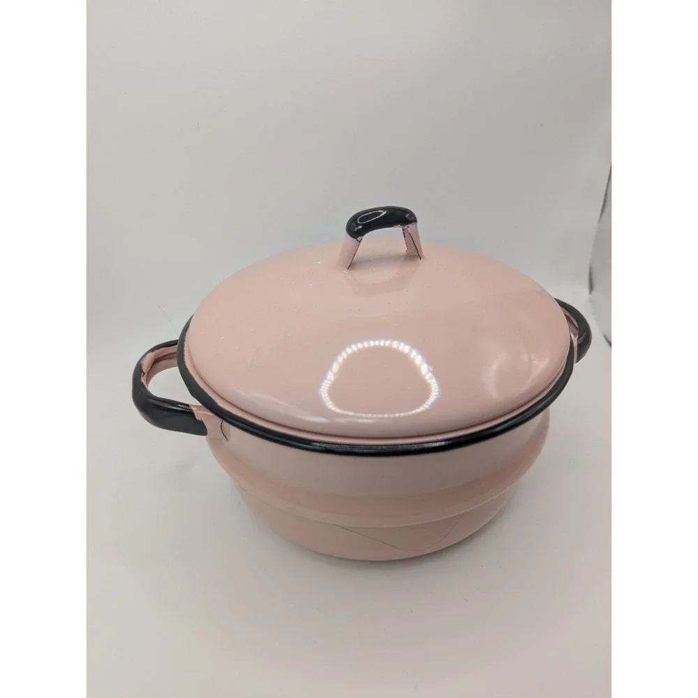 Pink Enamelware Mini Small Cooking Pot w/ Lid Black Trim 8 Inch